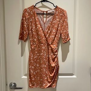 All in Favor ruched peach & white dress